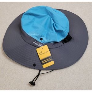 NWT New with Tags! SunShade Wide Brim Bucket Blue Gray Hat Ponytail